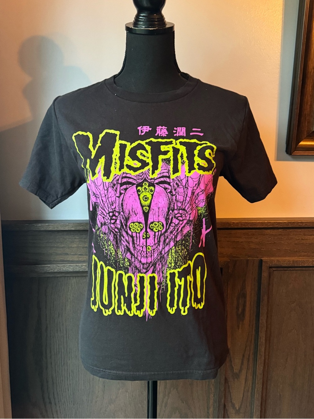 Ripple Junction Black Tee with Neon Pink & Neon Yellow Misfits Junji Ito graphic